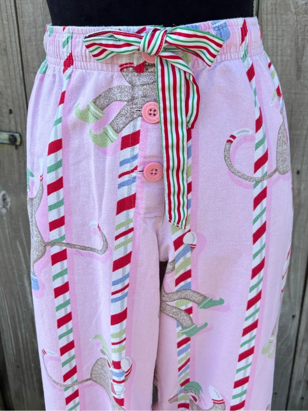 Nick & Nora Holiday Sock Monkey & Candy Cane Pink Drawstring Pajama Pants L